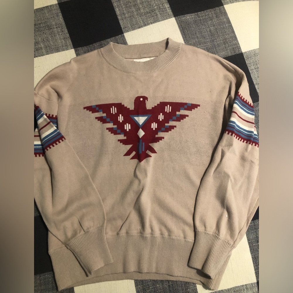Rye Beige Crewneck Sweater with Burgundy Eagle Motif